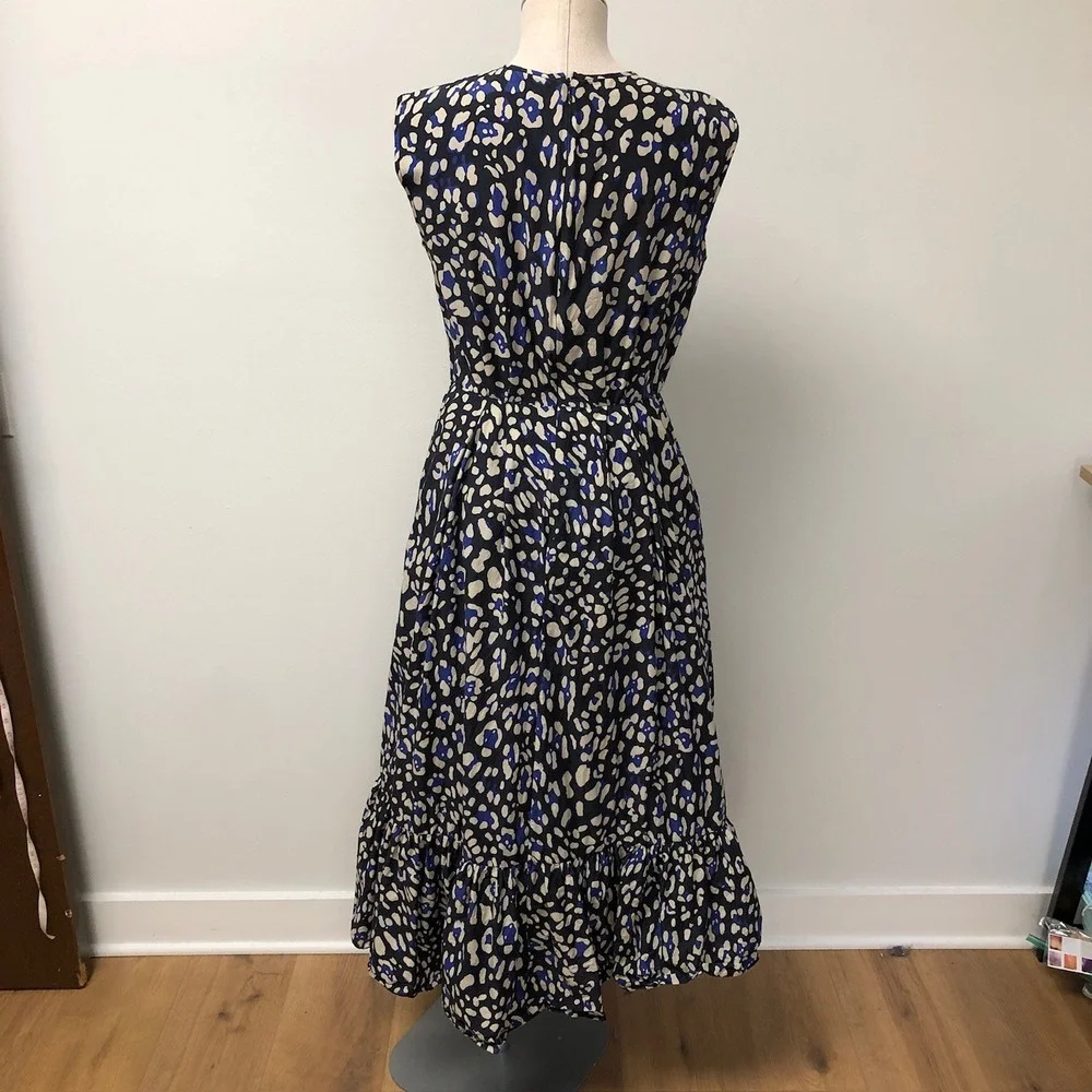 Adam Lippes Maxi Dress Womens 8 Blue Silk Blend Abstract Sleeveless Pockets